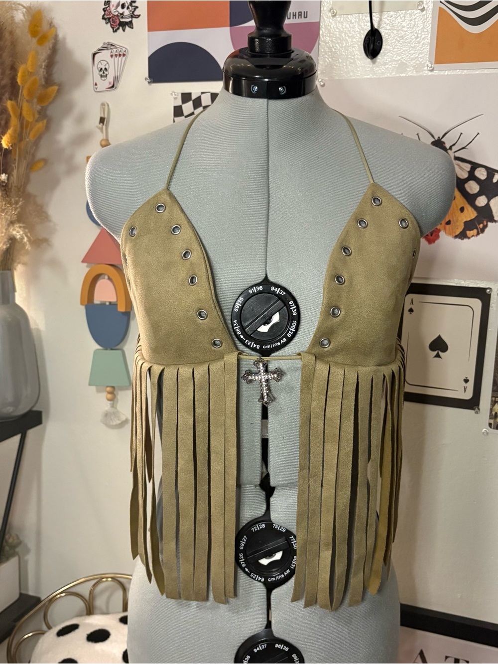 SUMWON Fringe Halter Crop Top Size L Olive Green Grommet Western Boho